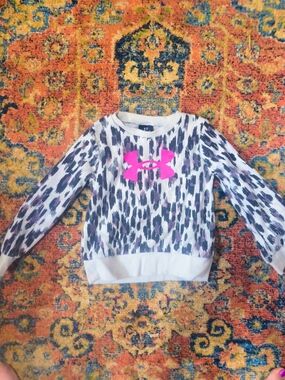 Under Armour Girls White & Black Animal Print Pullover with Hot Pink Logo